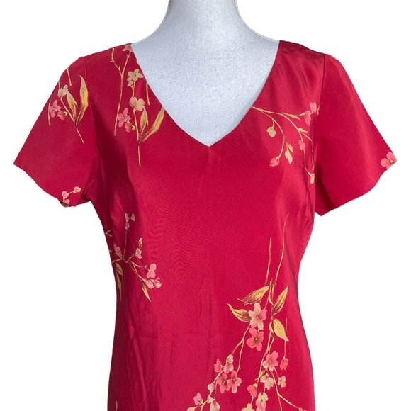 100% Silk Floral Dress 14 Maxi Long V-Neck Short Sleeve Satin Georgette Red - Picture 7 of 16